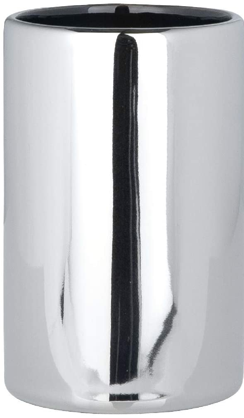 Zahnputzbecher Polaris Chrome - Zahnbürstenhalter für Zahnbürste und Zahnpasta, Keramik, 7 x 11 x 7 cm, Chrom