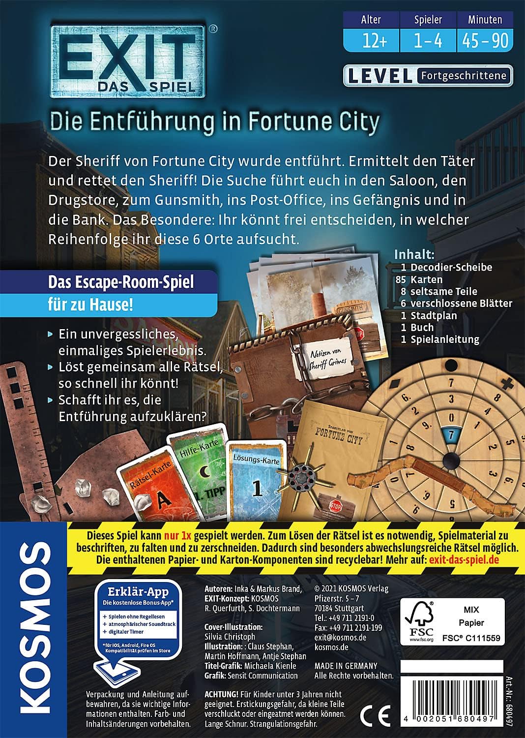 Kosmos 680497 EXIT® - Das Spiel - Die Entführung in Fortune City, Level: Fortgeschrittene, Escape Room Spiel, EXIT Game für 1-4 Spieler ab 12 Jahre, EIN einmaliges Gesellschaftsspiel