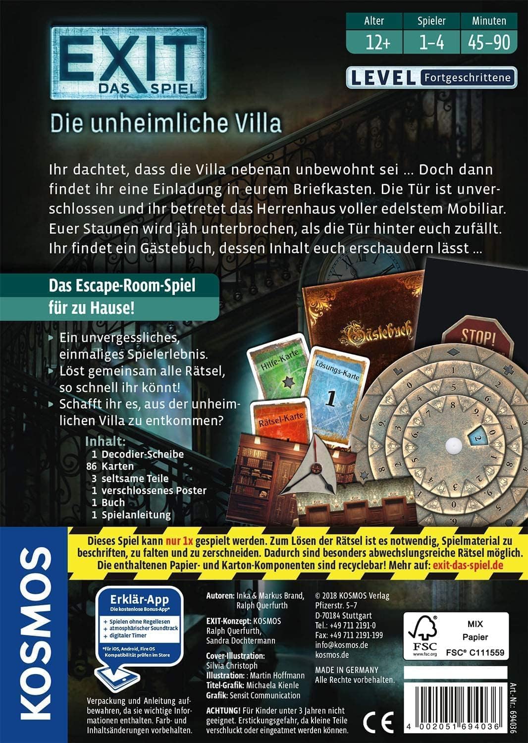 Kosmos 694036 EXIT® - Das Spiel - Die unheimliche Villa, Level: Fortgeschrittene, Escape Room Spiel, EXIT Game für 1-4 Spieler ab 12 Jahre, EIN einmaliges Gesellschaftsspiel
