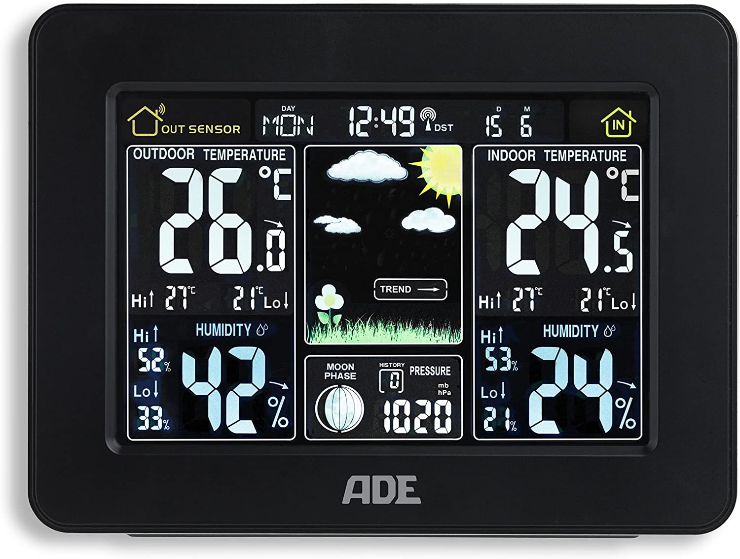 ADE Wetterstation WS 1503 mit Funk und Außensensor. Anzeige von Wetter, Temperatur, Luftdruck und Luftfeuchtigkeit. Mit Funkuhr und Wecker. Thermometer und Hygrometer für Innen und Außen. Schwarz