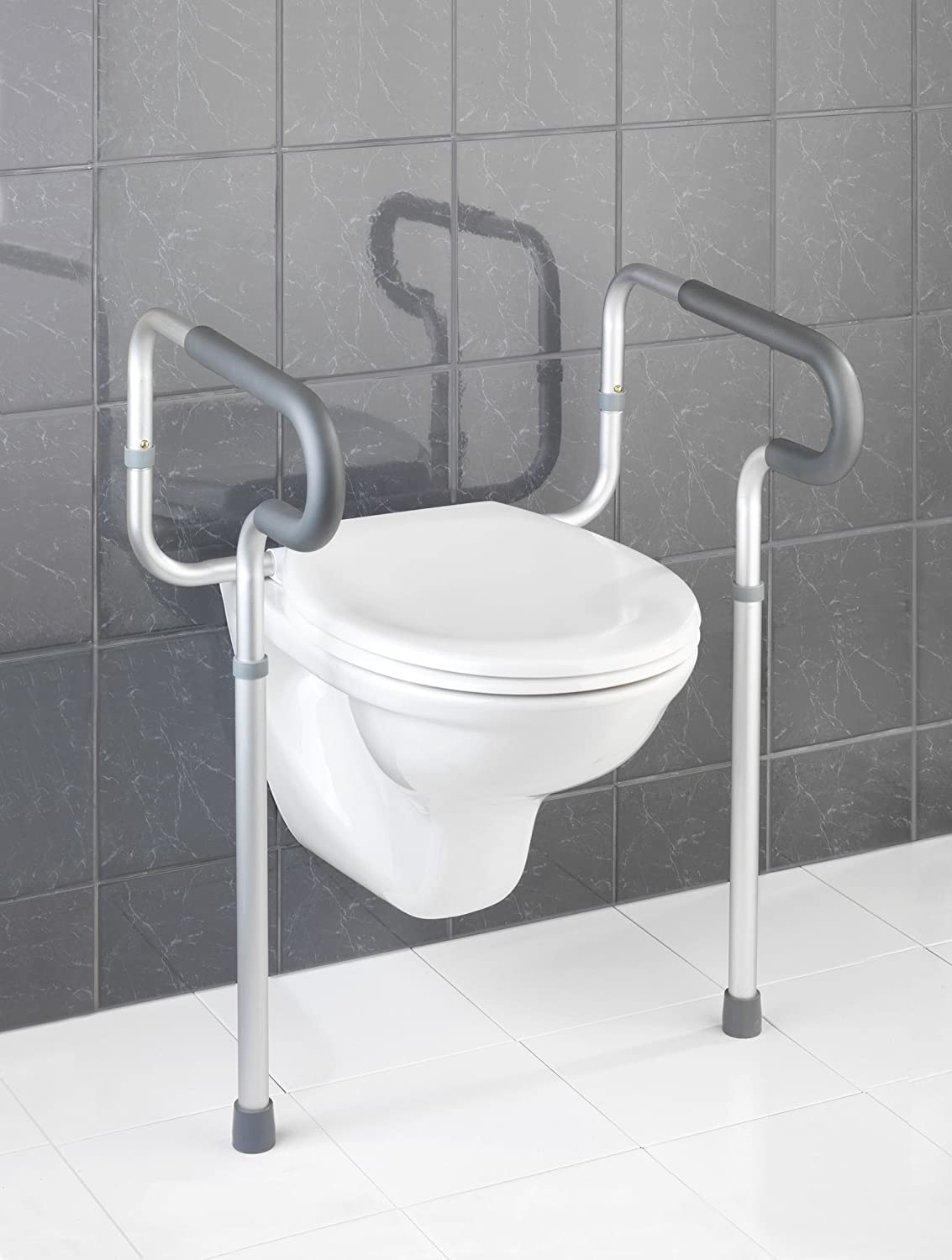WC-Stützhilfe Secura, 5-fach höhenverstellbare Aufstehhilfe mit rutschfesten Gummifüßen, praktische Hilfe im Bad für notwendigen Halt, leichte Montage, 55,5 x 71-81,5 x 48cm, Aluminium rostfrei