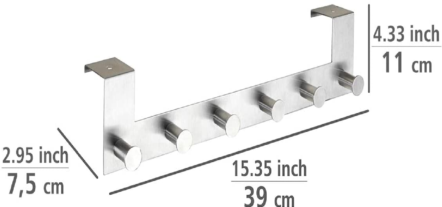 Türgarderobe Edelstahl Celano - Hakenleiste mit 6 Haken, für Türfalzstärken bis 4 cm, Edelstahl rostfrei, 39 x 11 x 7.5 cm, Matt