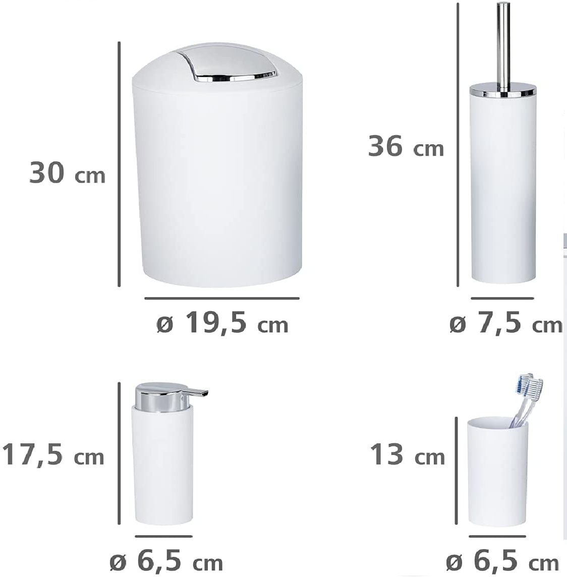 Badezimmer-Toiletten-Set Calvo 4-teilig mit Seifenspender Zahnputzbecher WC-Bürste und Eimer Weiß mit Chrom Details