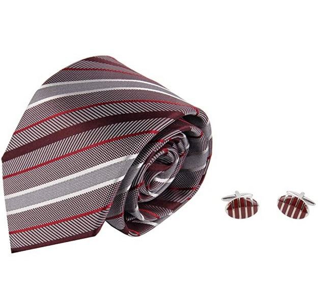 Seiden Krawatte mit Manschettenknöpfe Herren gestreift Rot | Länge 145cm, Schmale 8cm
