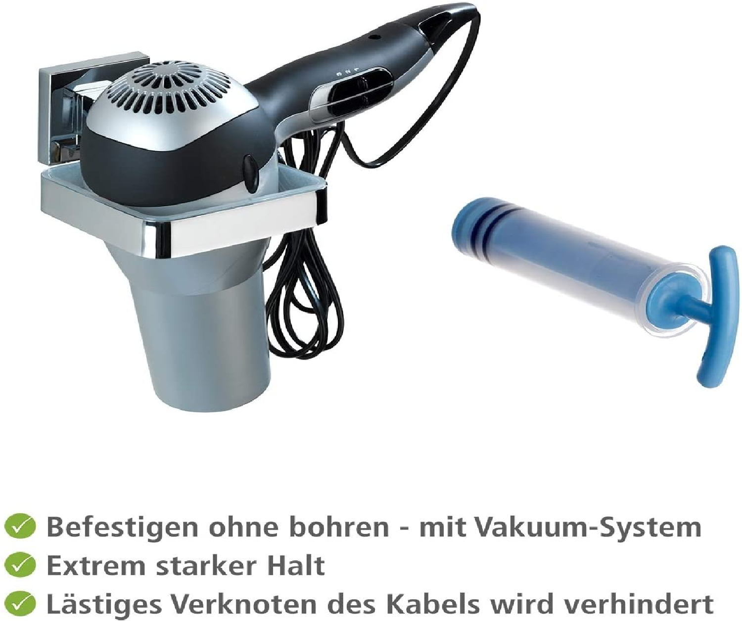 Vacuum-Loc® Haartrocknerhalter Quadro Edelstahl - Fönhalter, Edelstahl rostfrei, 14 x 7.5 x 13.5 cm, Glänzend