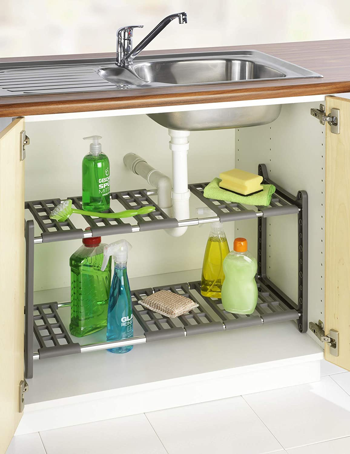 Küchen-Unterschrankregal Flexi, ausziehbares Steckregal, verstellbar, 2 Etagen, silber, 45-80 x 39 x 28 cm