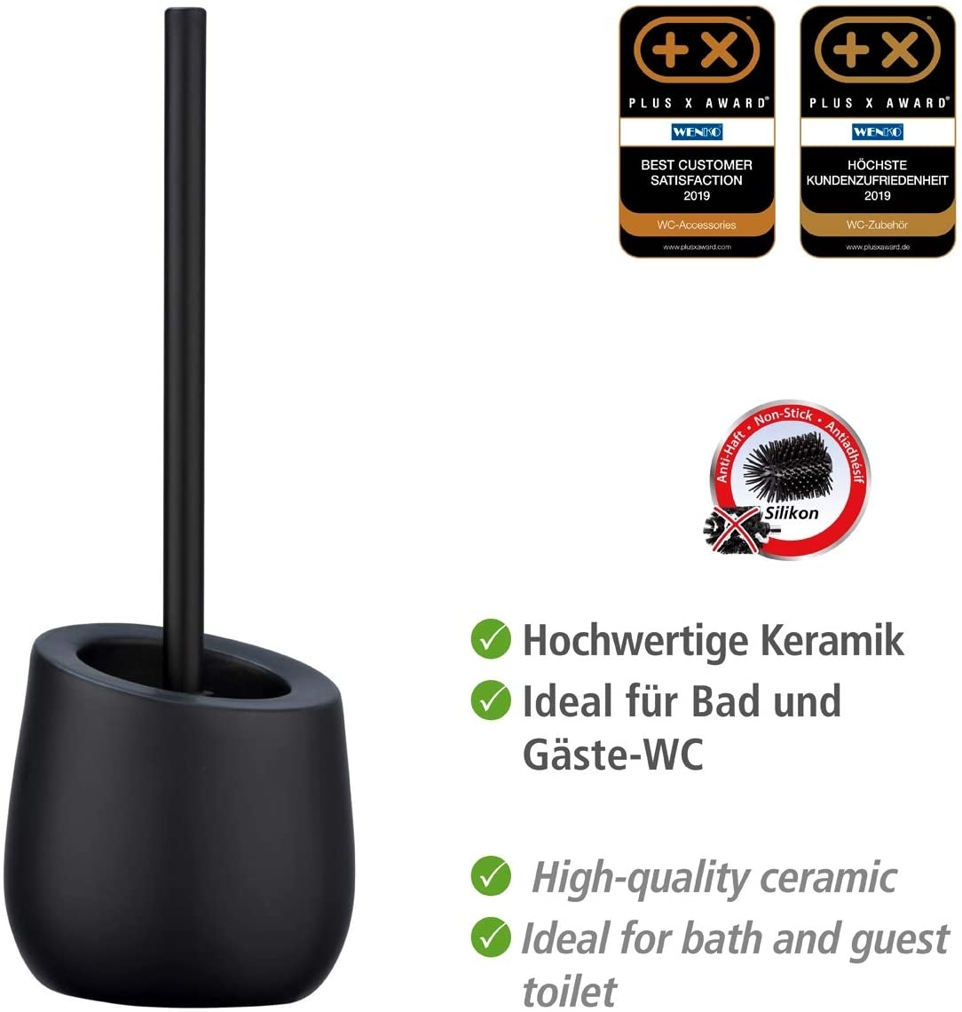 WC-Garnitur Badi Schwarz Keramik - WC-Bürstenhalter mit Silikonborsten und Randreiniger, Keramik, 13.5 x 38 x 13.5 cm, Schwarz