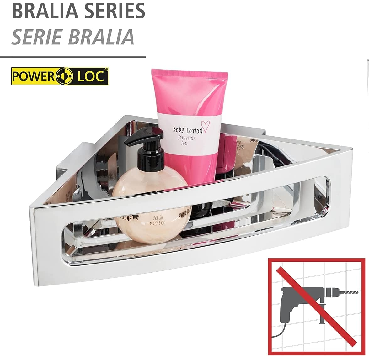 Power-Loc® Eckablage Bralia Chrom - Badezimmer-Eckregal, befestigen ohne bohren, Kunststoff (ABS), 35 x 8.5 x 20 cm, Chrom