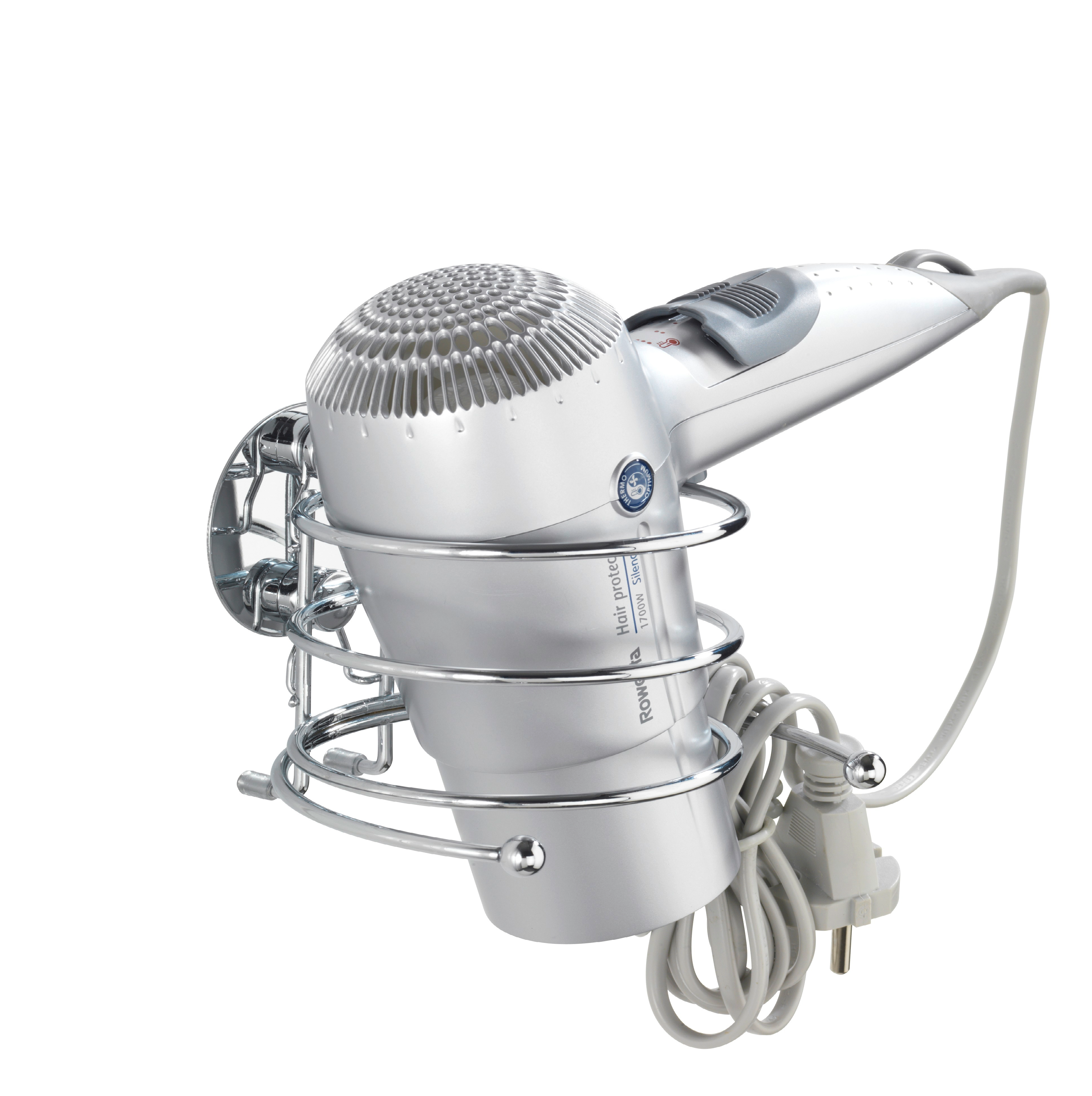 Wenko Turbo-Loc Haartrocknerhalter, Föhnhalterung fürs Badezimmer, mit Kabelhalter, Befestigung ohne bohren, aus verchromtem Stahl, 14 x 7,5 x 11,5 cm