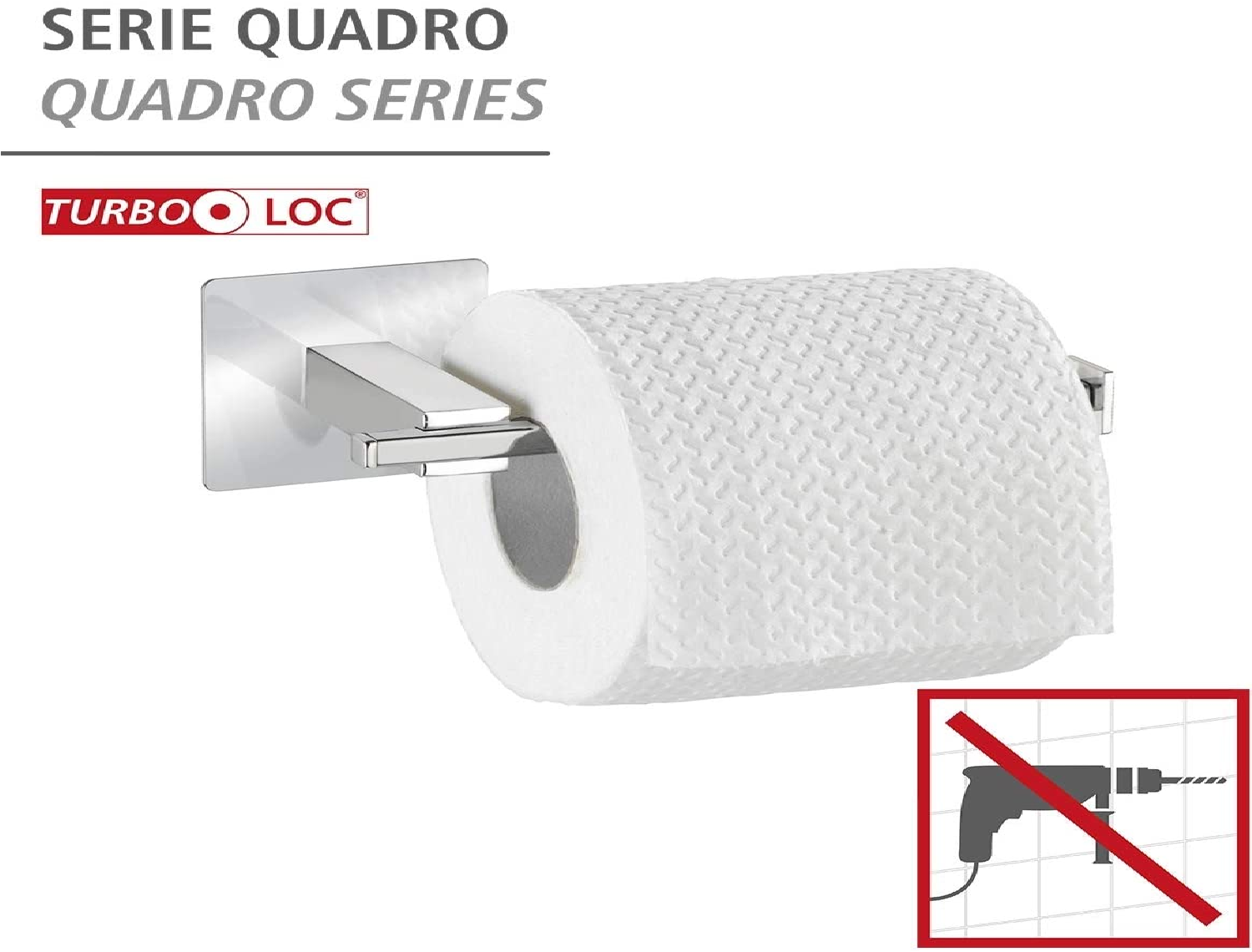 Turbo-Loc® Edelstahl Toilettenpapierhalter ohne Deckel Quadro - Befestigen ohne bohren, Edelstahl rostfrei, 16.5 x 6.5 x 7 cm, Chrom