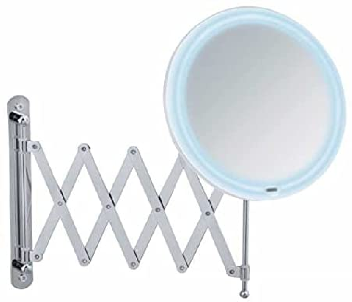 LED Teleskop-Wandspiegel Barona - Kosmetikspiegel, Leucht-Spiegel, höhenverstell- und ausziehbar, 500 % Vergrößerung, Metall, 20 x 34 x 55 cm, Chrom