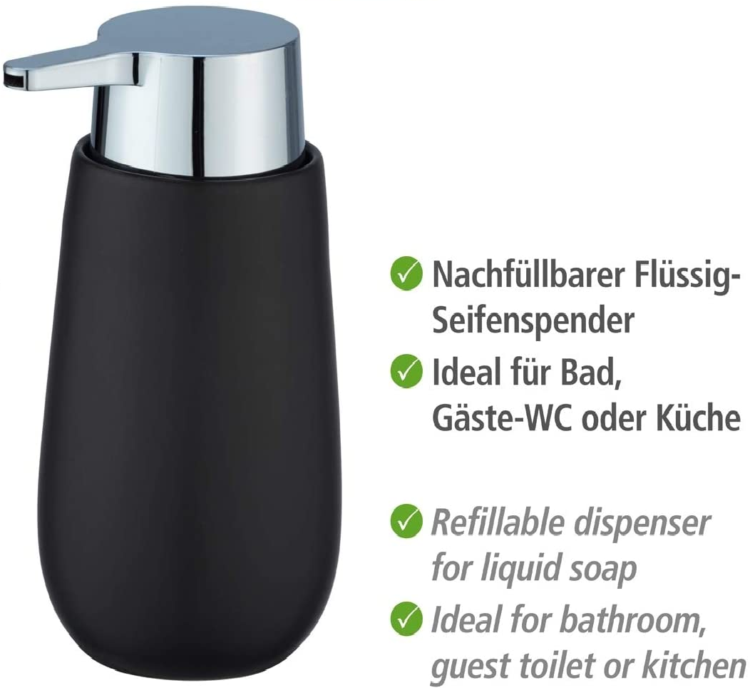 Seifenspender Badi Schwarz Keramik - Flüssigseifen-Spender, Spülmittel-Spender Fassungsvermögen: 0.32 l, Keramik, 9.5 x 16 x 8 cm, Schwarz