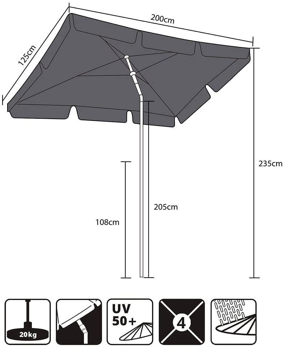 Sekey® 200 × 125 cm Sonnenschirm Marktschirm Gartenschirm Terrassenschirm Sonnenschutz UV 50+ Grau Quadratisch