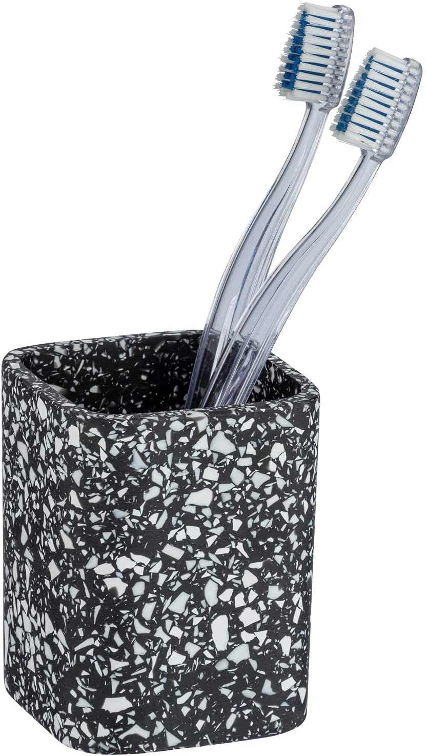 Zahnputzbecher Terrazzo in Mosaik-Optik, edler Zahnbürstenhalter für Zahnpflegeartikel, Make-Up Pinsel Aufbewahrung, außergewöhnliches Badaccessoire aus Polyresin, 8 x 10,5 x 8 cm, Schwarz/Weiß