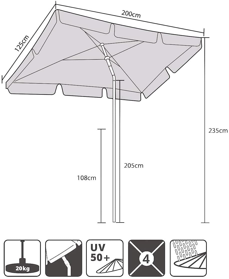 Sekey® 200 × 125 cm Sonnenschirm Marktschirm Gartenschirm Terrassenschirm Sonnenschutz UV 50+ Hellgrau Quadratisch
