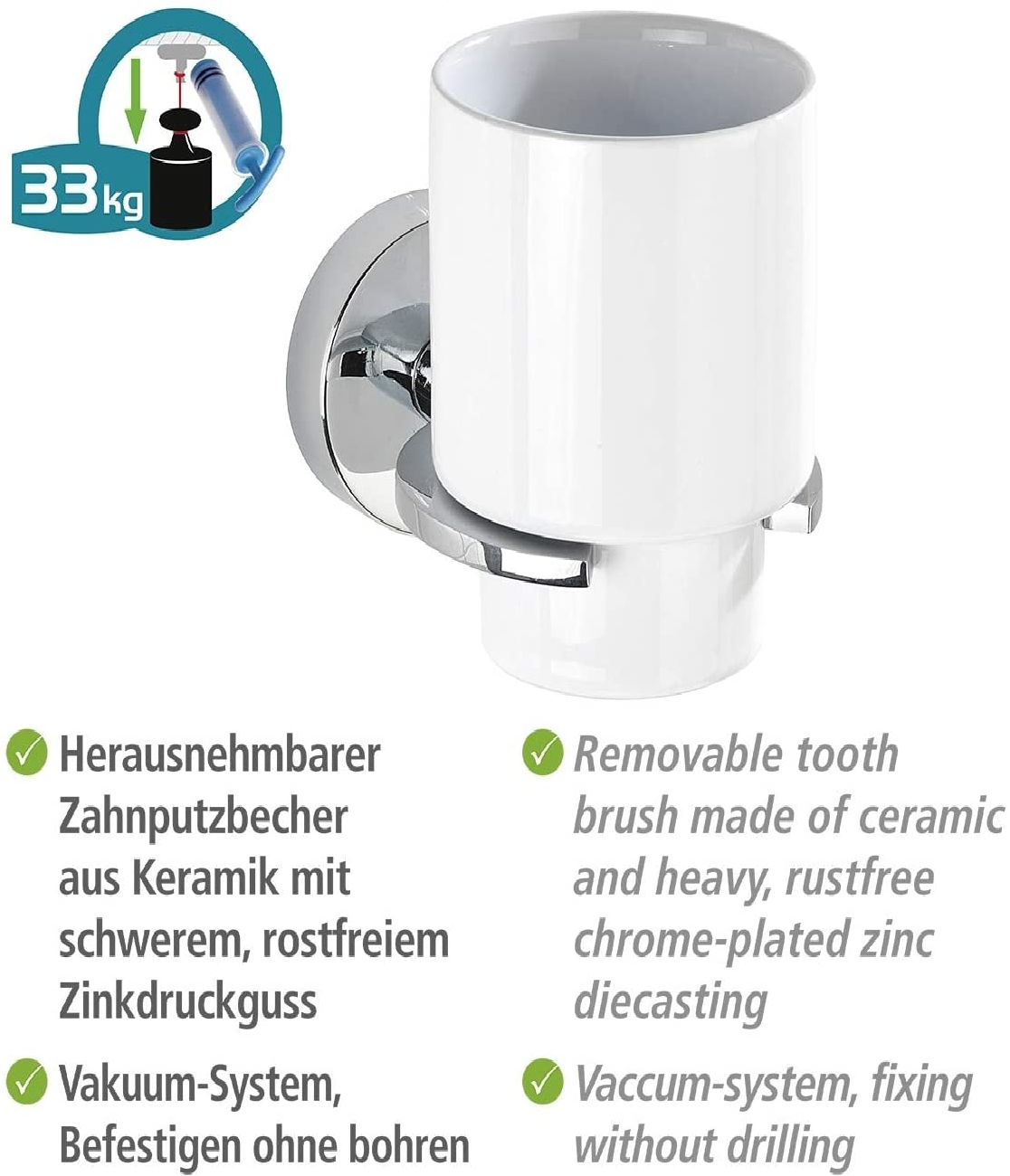 Vacuum-Loc® Zahnputzbecher Capri - Zahnbürstenhalter für Zahnbürste und Zahnpasta, Befestigen ohne bohren, Zinkdruckguss, 8 x 10 x 12.5 cm, Chrom