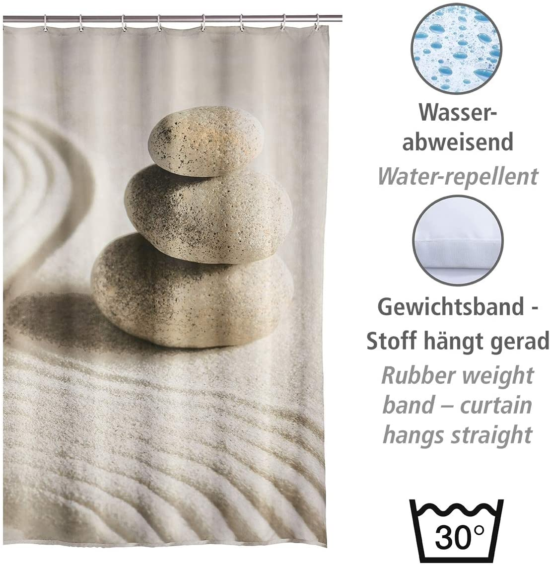 Duschvorhang Sand & Stone, Textil-Vorhang fürs Badezimmer, mit Ringen zur Befestigung an der Duschstange, waschbar, wasserabweisend, 180 x 200 cm