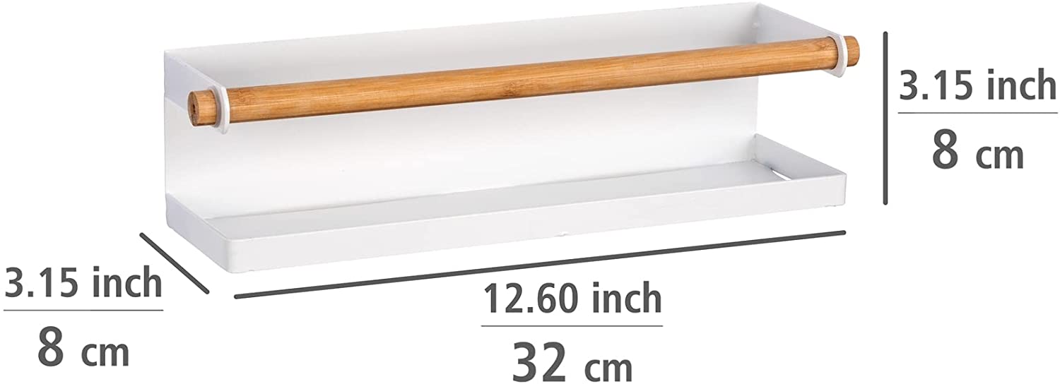 Gewürzregal Magna, magnetisches Regal aus Metall mit Bambus-Detail zum Aufbewahren und Präsentieren von Gewürzgefäßen, Anbringung ohne Bohren mit Magnet oder Klebeband, 32 x 8 x 8 cm, Weiß