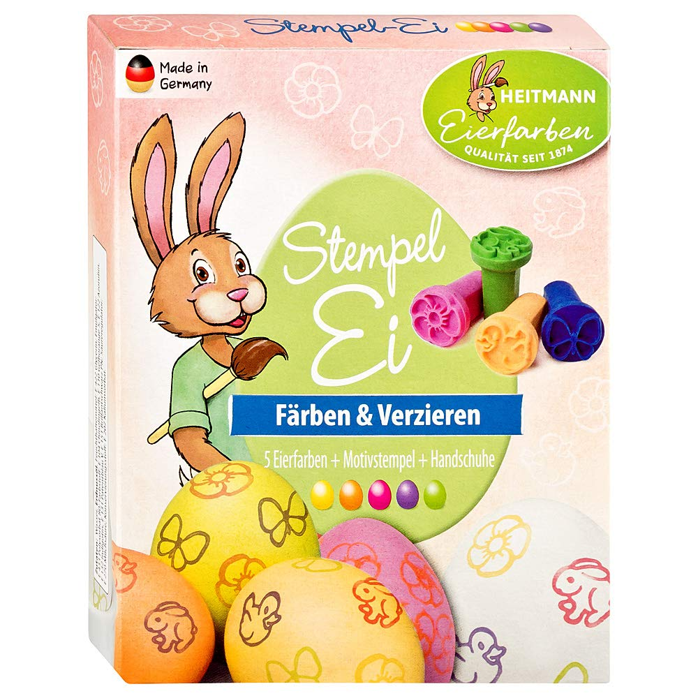 Eierfarben Oster Stempelei - 5 flüssige Eierfarben, 4 Stempel, Stempelkissen, Erdnussöl, Handschuhe - Ostern, Ostereier dekorieren