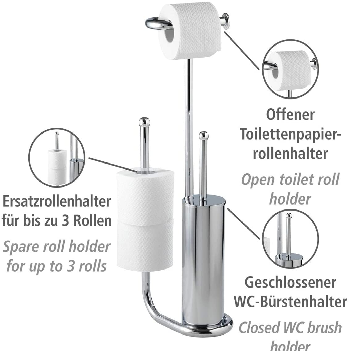 Stand WC-Garnitur Universalo Chrom - WC-Bürstenhalter, mit Ersatzrollenhalter, Stahl, 20 x 62.5 x 23 cm, Chrom