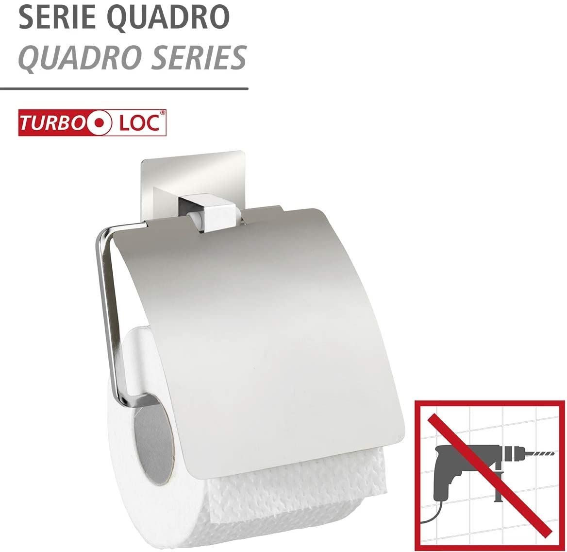 Turbo-Loc® Edelstahl Toilettenpapierhalter mit Deckel Quadro - Befestigen ohne bohren, Edelstahl rostfrei, 13 x 16.5 x 3.5 cm, Chrom