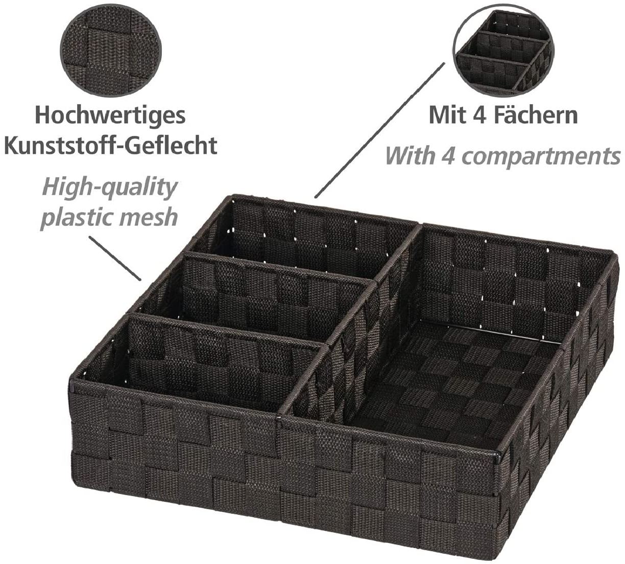 Organizer Adria Schwarz 4 Fächer - Aufbewahrungsbox, 4 Fächer, Polypropylen, 32 x 10 x 32 cm, Schwarz