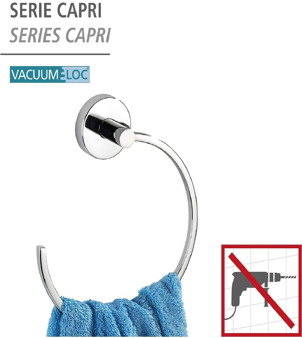Vacuum-Loc® Handtuchring Capri - Befestigen ohne bohren, Zinkdruckguss, 18.5 x 21 x 5.5 cm, Chrom