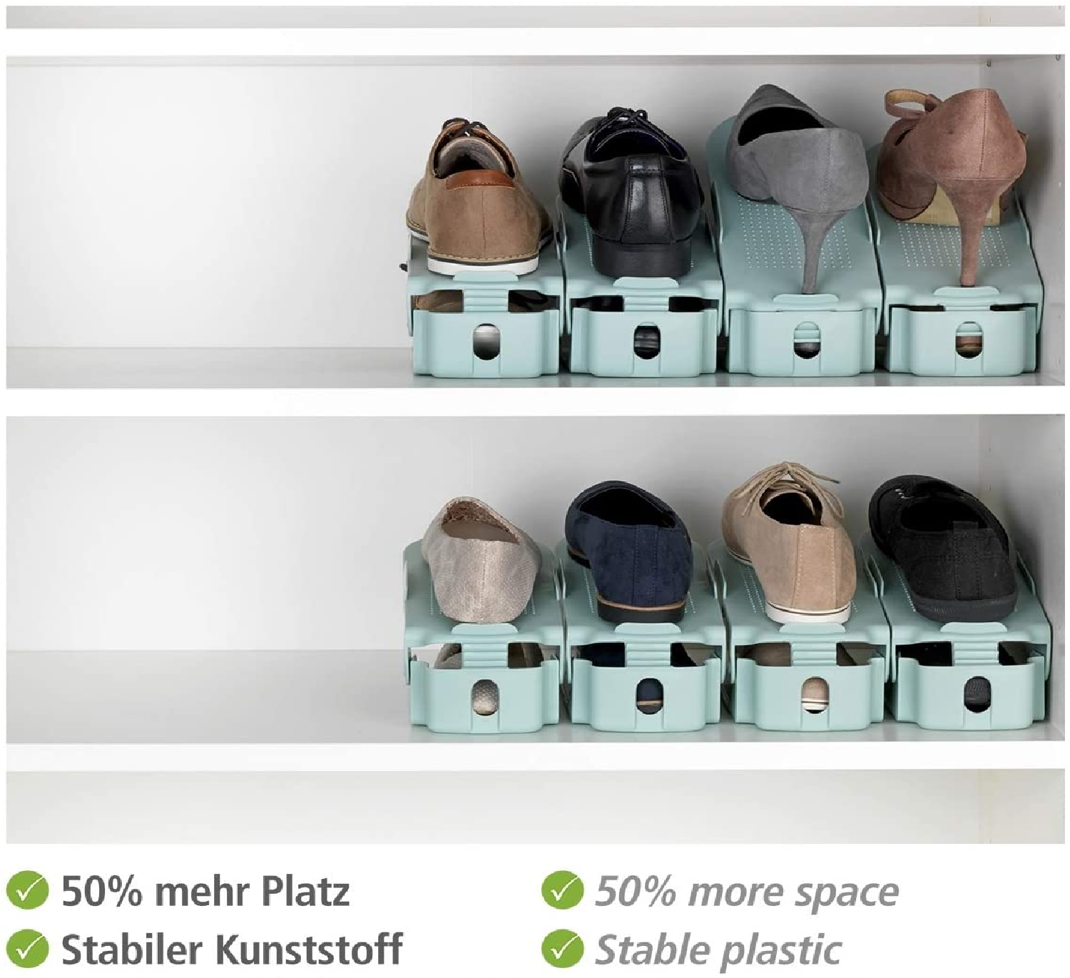 Schuhstapler platzsparend 8er Set, Schuhhalter höhenverstellbar, Polypropylen, Maße (BHT): je 24,2x8,5x10,7 cm, Pastellgrün
