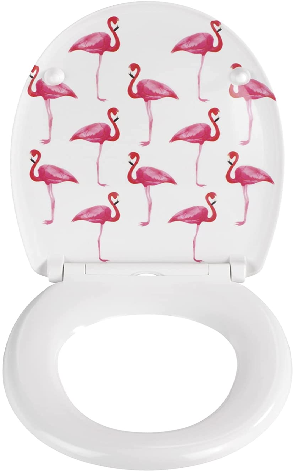 Premium WC-Sitz Flamingo - Antibakterieller Toiletten-Sitz mit Absenkautomatik, rostfreie Fix-Clip Hygiene Edelstahlbefestigung, Duroplast, 38 x 45 cm, Mehrfarbig