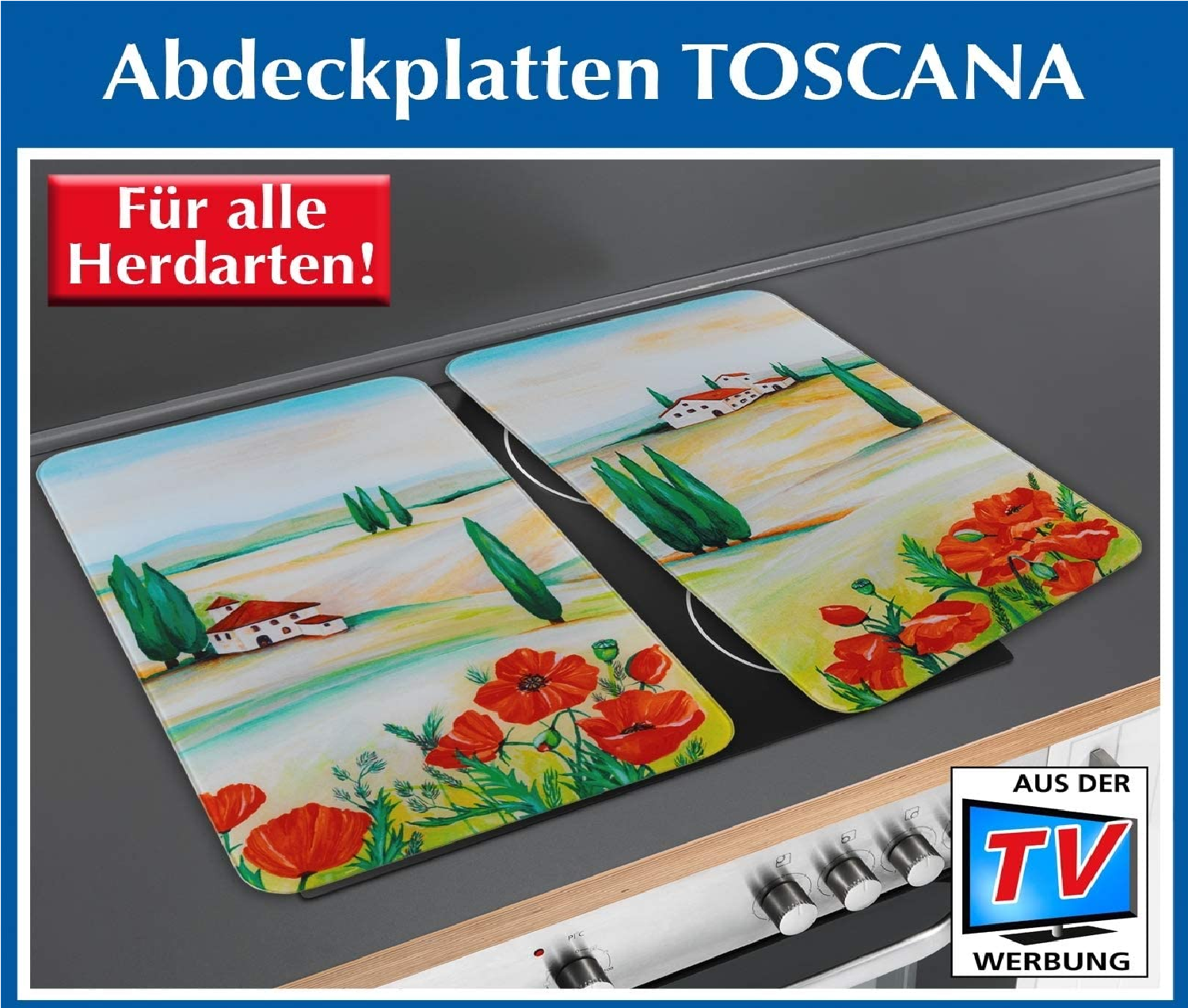 Herdabdeckplatte Universal Toscana 2er Set - 2er Set, Kochplattenabdeckung und Glas-Schneidebrett für alle Herdarten, Gehärtetes Glas, 30 x 1.8-5.5 x 52 cm, Mehrfarbig