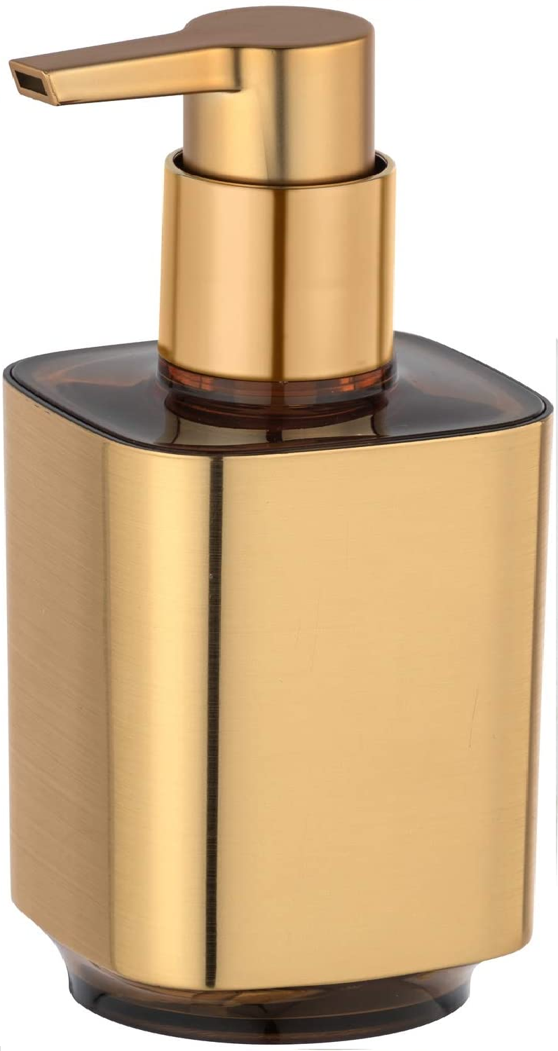 Seifenspender Auron Gold, nachfüllbarer Seifendosierer für Flüssigseife und Lotion aus hochwertigem Kunststoff mit changierender Glanz-Oberfläche in Gold, 7 x 16,5 x 8 cm, Füllmenge 300 ml