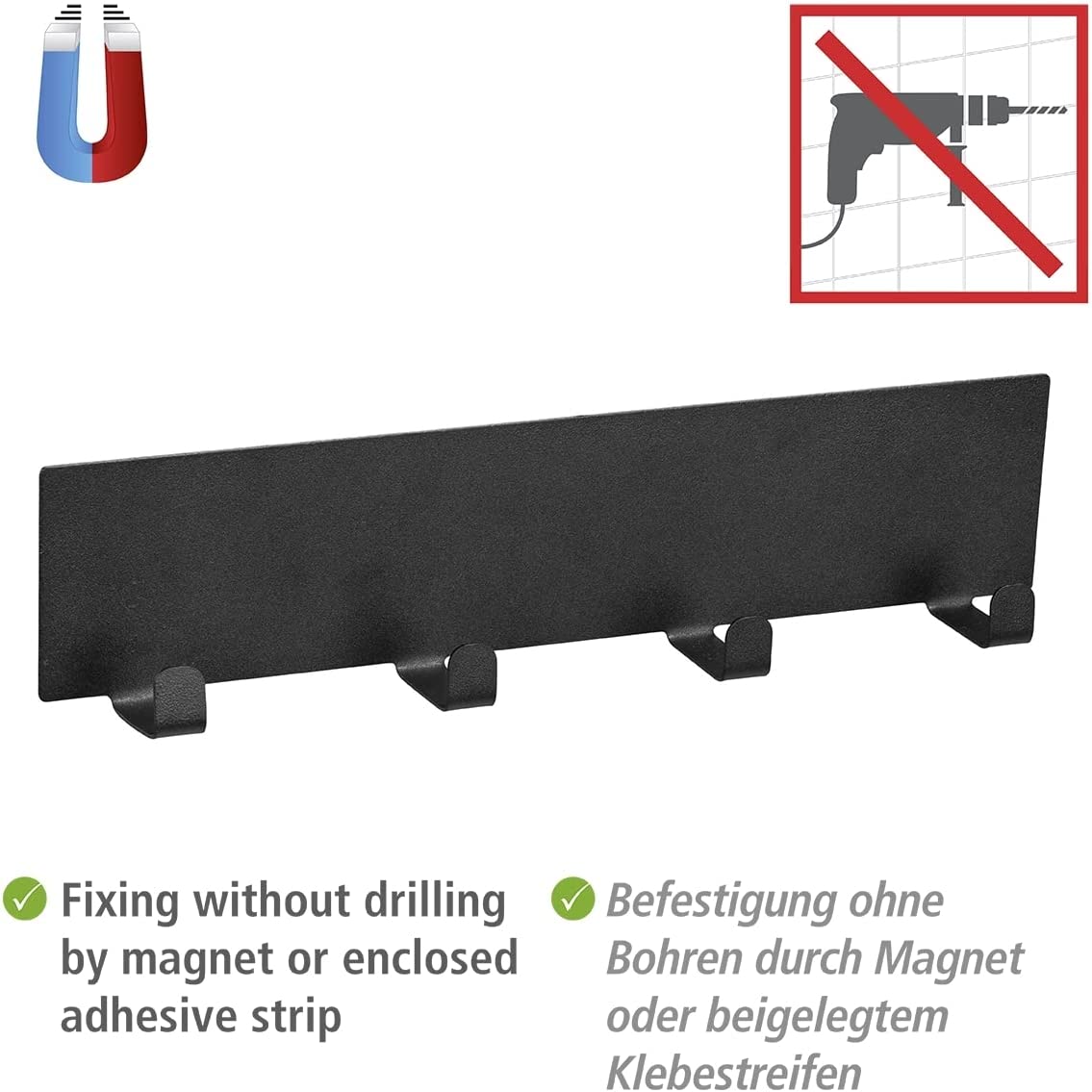 Magnetische Hakenleiste Ima Schwarz, Black Outdoor Kitchen Zubehör mit 4 Haken zum Aufhängen von Textilien und Grillzubehör, schnelle Befestigung ohne Bohren auf Metallflächen, 30 x 6,5 x 2 cm