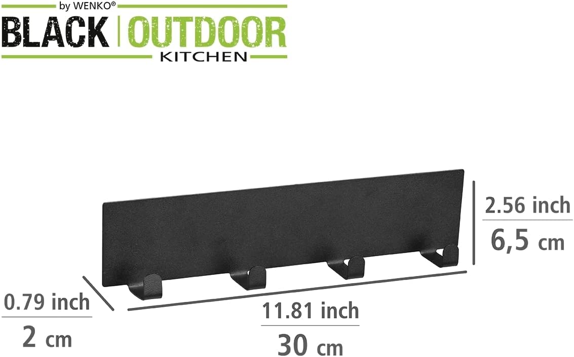 Magnetische Hakenleiste Ima Schwarz, Black Outdoor Kitchen Zubehör mit 4 Haken zum Aufhängen von Textilien und Grillzubehör, schnelle Befestigung ohne Bohren auf Metallflächen, 30 x 6,5 x 2 cm