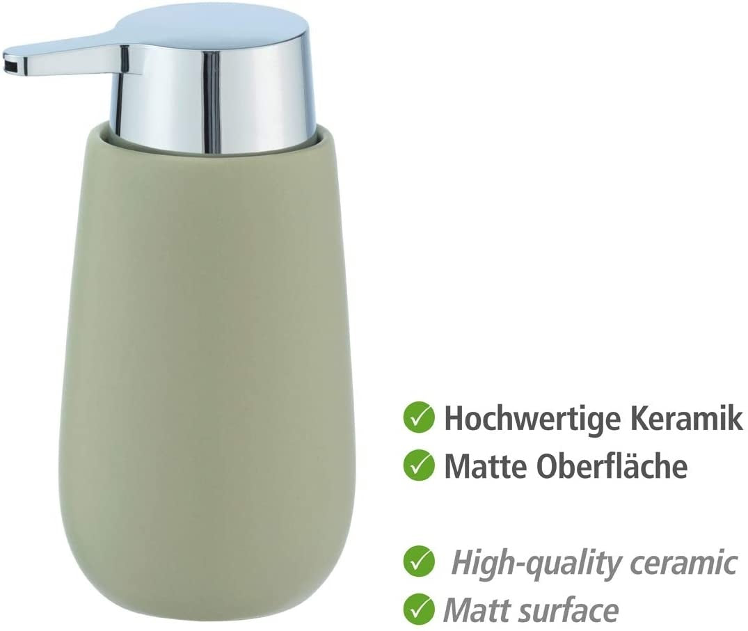 WENKO Seifenspender Badi Lindgrün Keramik - Flüssigseifen-Spender, Spülmittel-Spender Fassungsvermögen: 0.32 l, Keramik, 9.5 x 16 x 8 cm, Grün