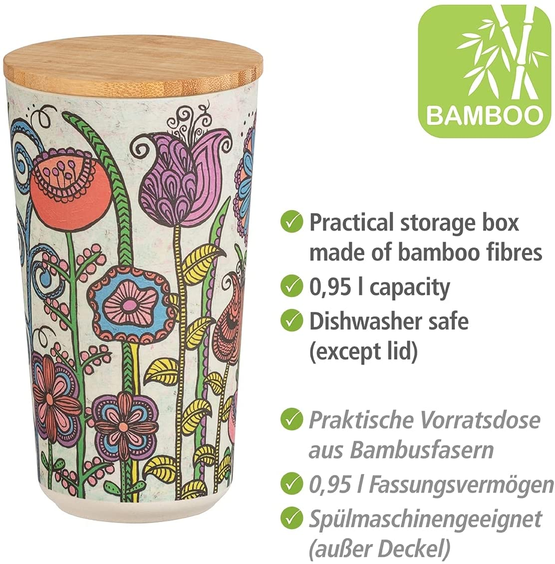 Aufbewahrungsdose Flowers 0,95 Liter, Dose mit Deckel aus Bambus, 0.95 l