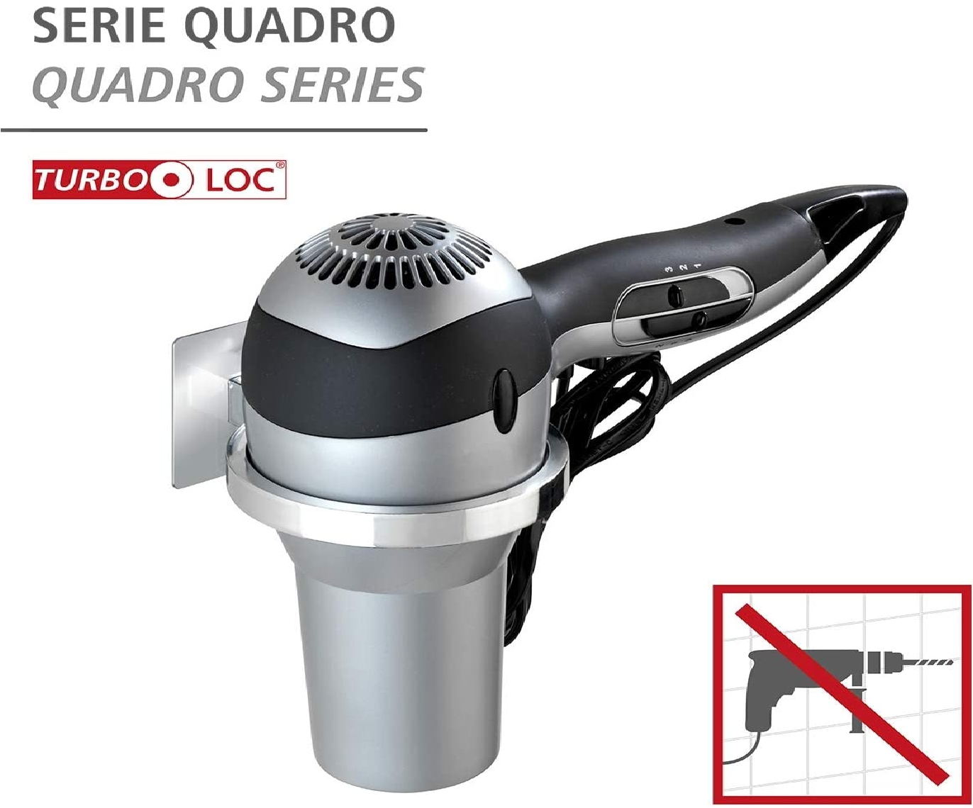 Turbo-Loc® Haartrocknerhalter Quadro - Befestigen ohne bohren, Kunststoff (ABS), 13 x 7 x 12.5 cm, Chrom