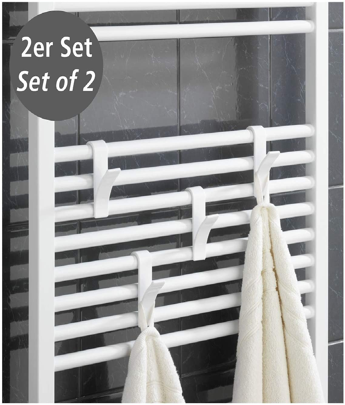 Haken für Handtuchheizkörper Weiß 2er Set - Heizkörperhaken, 2er Set, Kunststoff, 2.5 x 10.5 x 7 cm, Weiß