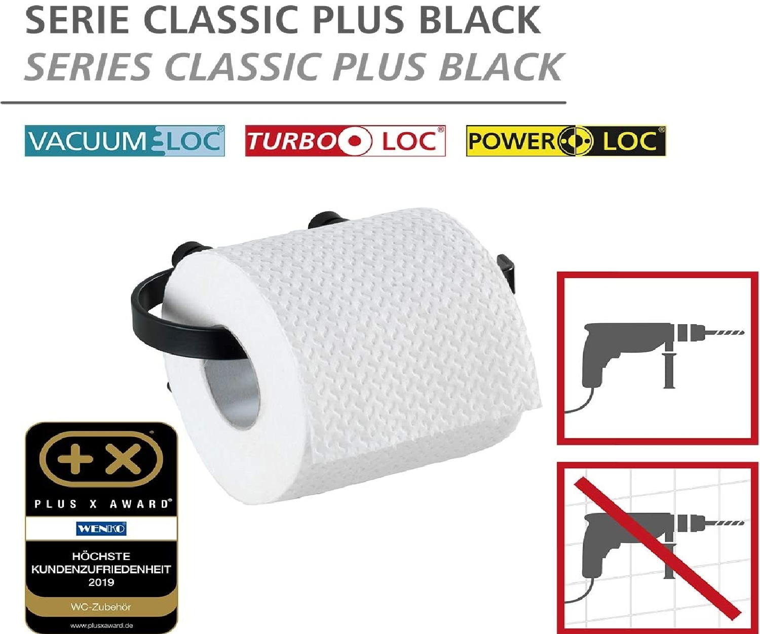 Toilettenpapierhalter Classic Plus Black - Rollenhalter mit hochwertigem Rostschutz, Stahl, 15 x 7.5 x 10 cm, Schwarz