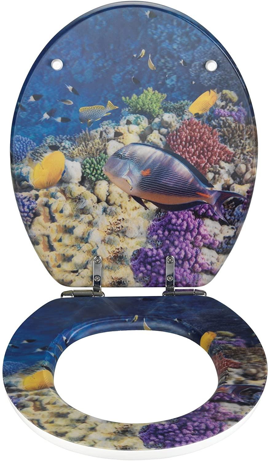 WC-Sitz Fish, Toilettensitz mit Absenkautomatik und 3D-Motiv, WC-Deckel für sanftes Deckelschließen mit rostfreier Hygienebefestigung, aus MDF, 38 x 44,5 cm, Mehrfarbig