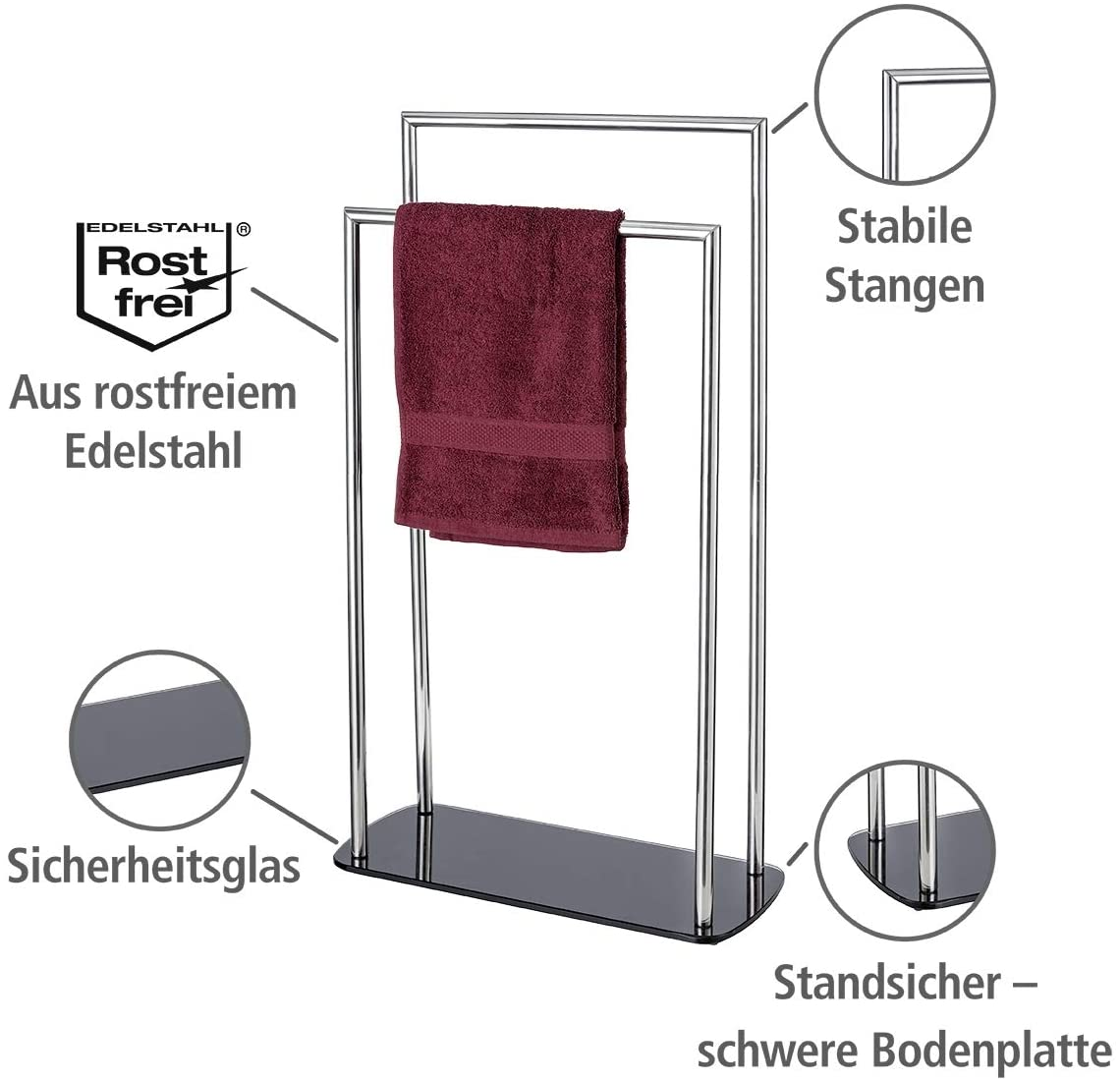 Handtuchhalter Ravina Edelstahl glänzend Handtuchständer Bodenplatte Glas, 48x80x20cm, Silber