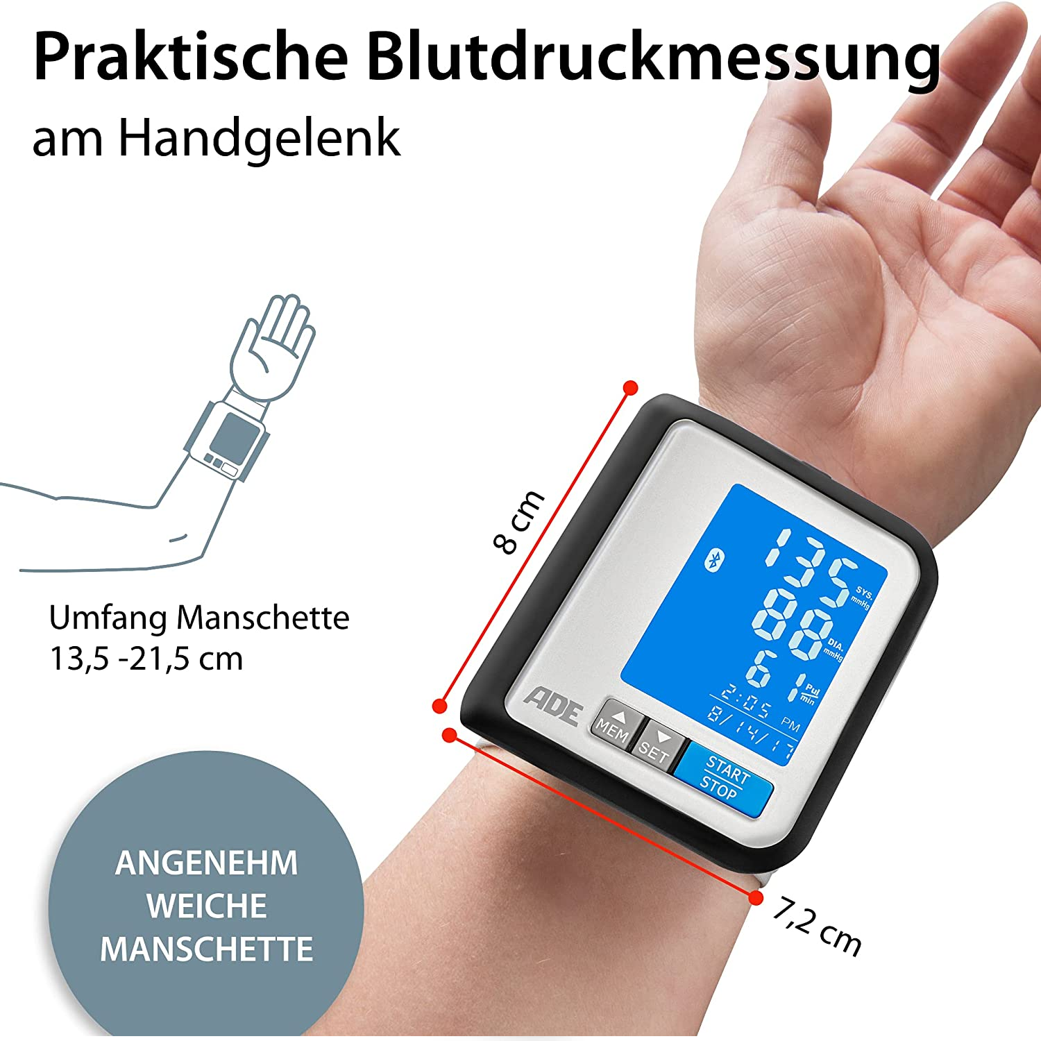 Blutdruckmessgerät Handgelenk BPM1600 FITvigo besonders flach, beleuchtetes Display mit exzellenter Ablesbarkeit, große Anzeige geeignet für Senioren (Blutdruck/ Puls messen, Arrhythmie-Warnung)