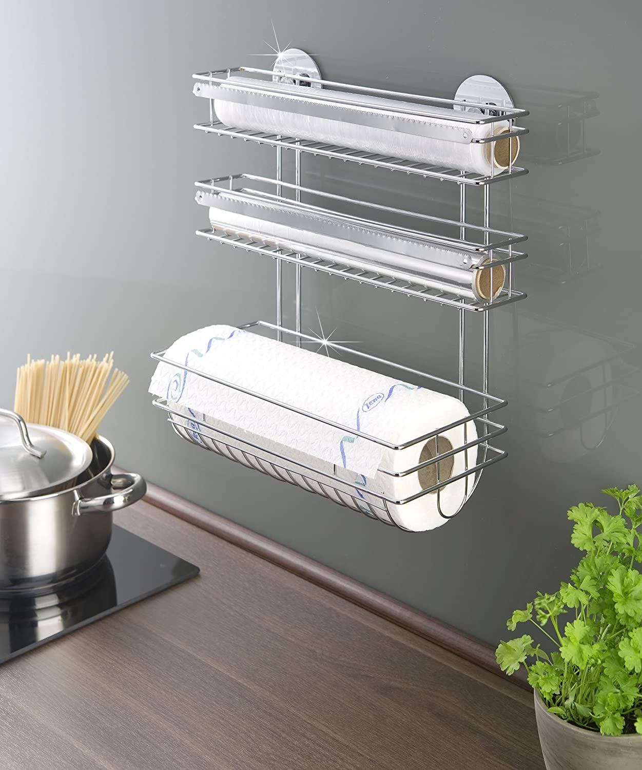 Turbo-Loc® Küchenrollenhalter Trio - Befestigen ohne bohren, verchromtes Metall, 32.5 x 34 x 15 cm, Silber glänzend