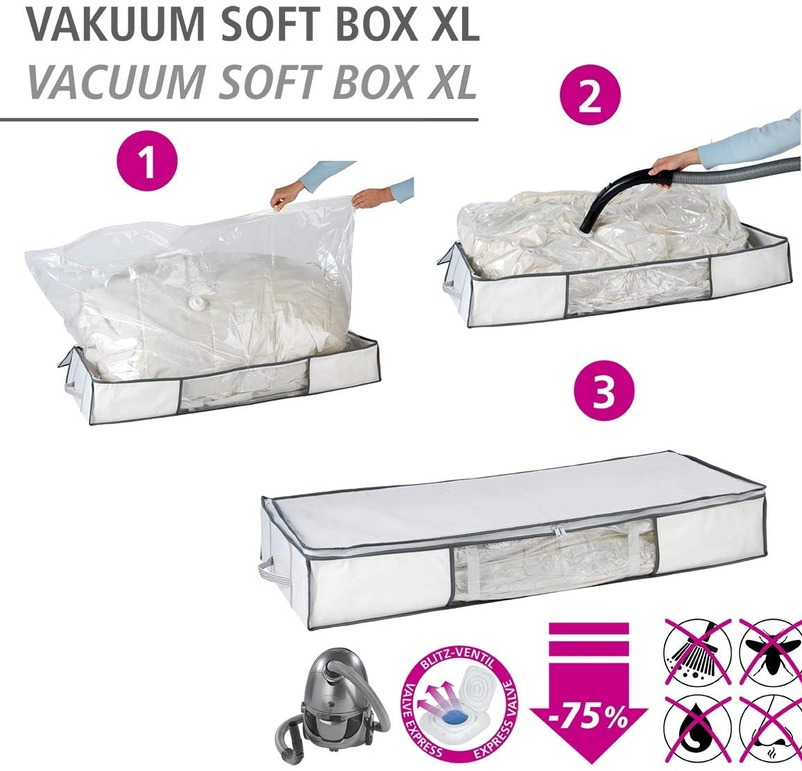 Vakuum Soft Unterbett-Box, Polypropylen, 105 x 15 x 45 cm, Weiß
