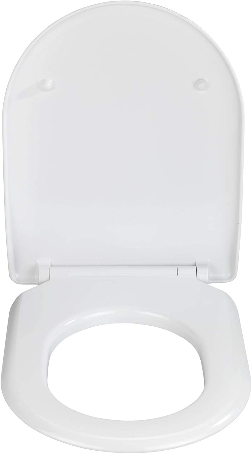WC-Sitz Exclusive Nr. 5, Toilettensitz mit Absenkautomatik, passend für Villeroy & Boch Subway 2.0 Slim und handelsübliche Keramiken, WC-Deckel aus antibakteriellem Duroplast, 37 x 46 cm, Weiß