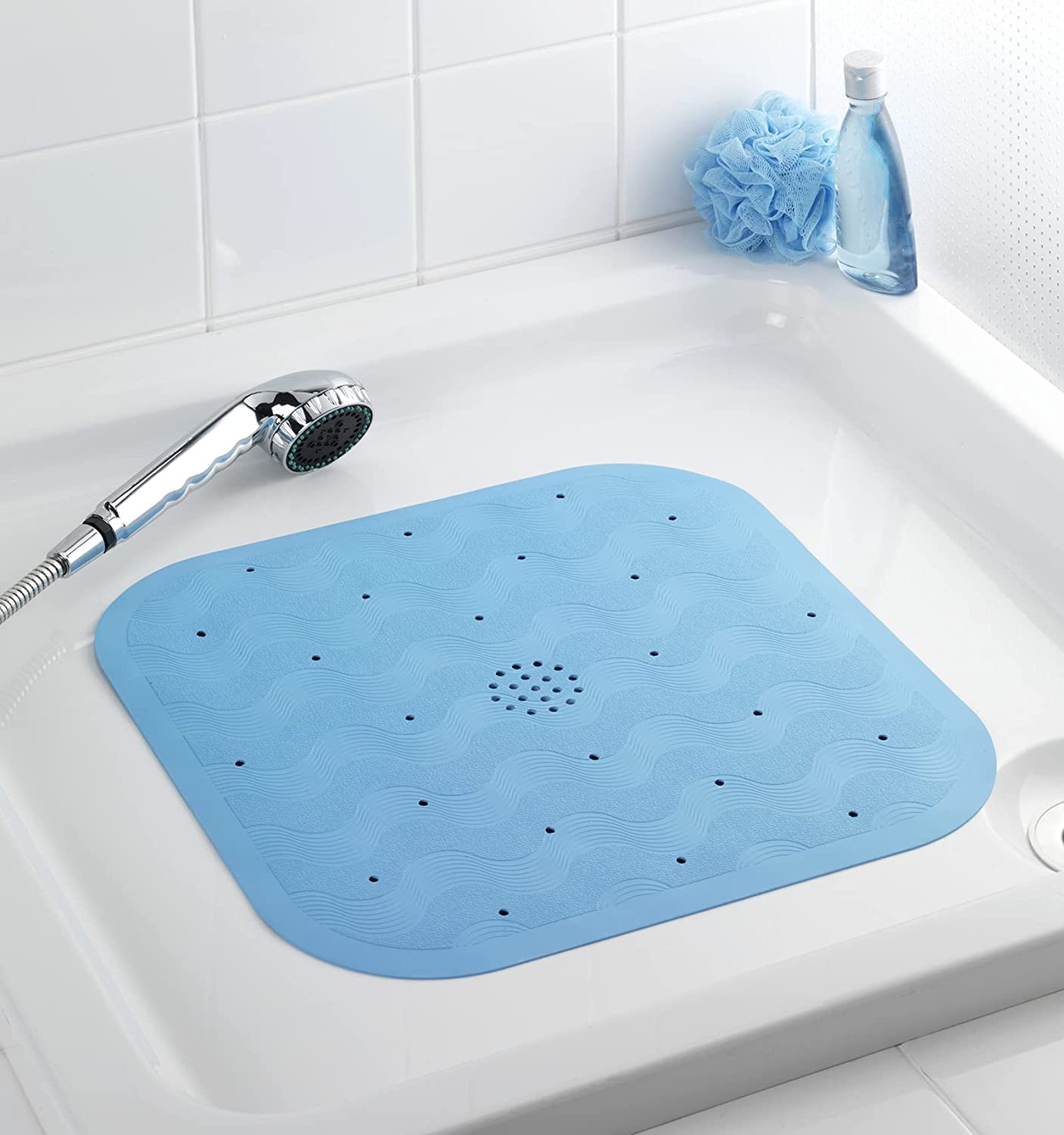 Duscheinlage Natur-Kautschuk Blau, mit Saugnäpfen auf der Unterseite, Maschinenwaschbar bei 40° C, Maße (B x H x T): 45 x 1,6 x 45 cm