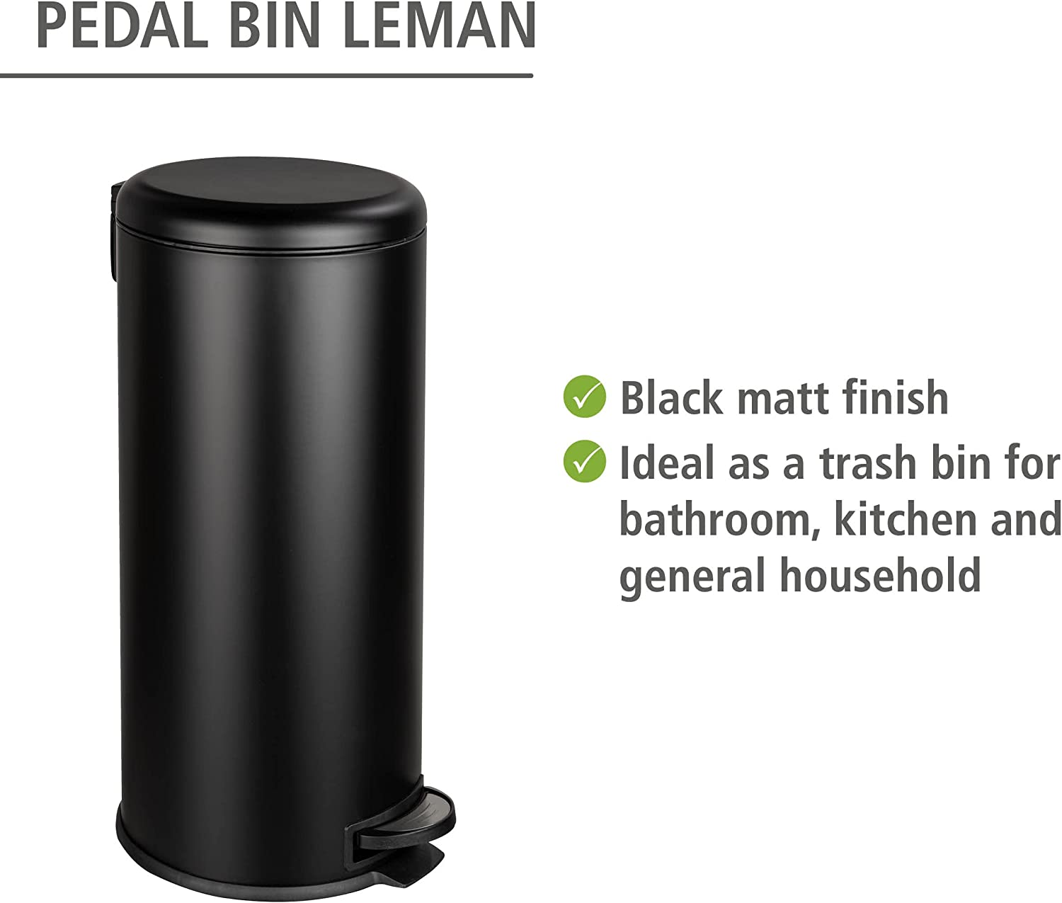 Küchen Abfalleimer Leman, 30 Liter, großer Mülleimer im Industrial-Stil mit Absenkautomatik, Tretfunktion und herausnehmbaren Einsatz, aus lackiertem Stahl, 30,5 x 64 x 37,5 cm, Schwarz matt