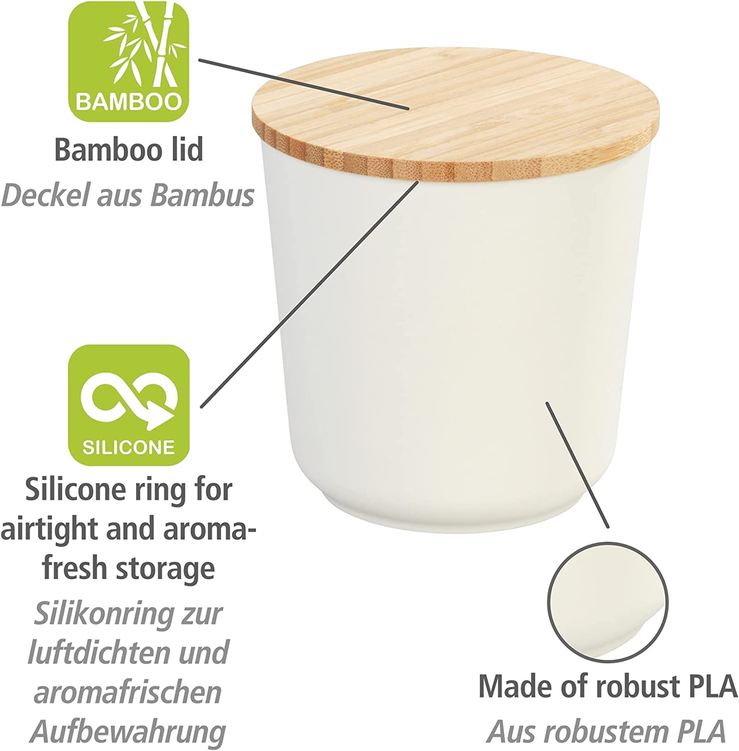 Aufbewahrungsdose Plaia 500 ml, cremefarbene Vorratsdose mit Deckel aus Bambus ausgestattet mit einem Silikonring, luftdichter Verschluss, spülmaschinengeeignete Dose, BPA-frei, Ø 10,5 x 10,5 cm