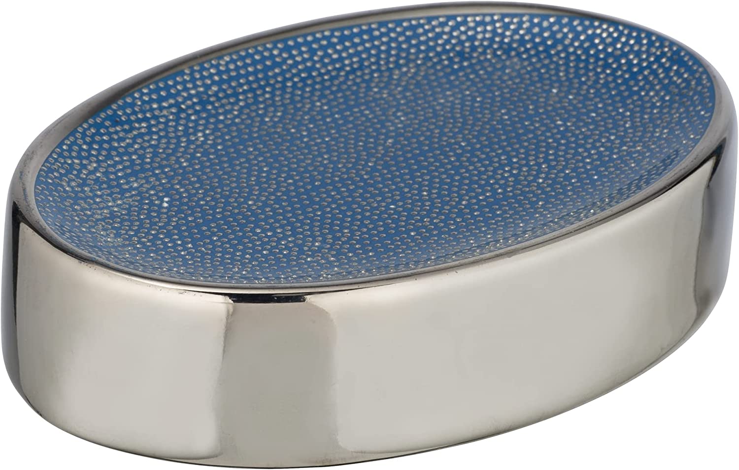 Seifenablage Nuria, Seifenschale zur Aufbewahrung von Handseife aus hochwertiger Keramik mit luxuriös-strukturierter Oberfläche in Silber/Blau, 12 x 3 x 8 cm