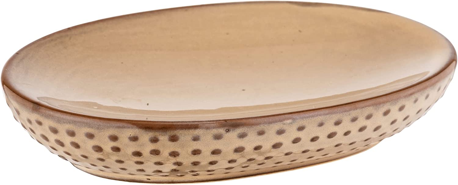 Seifenablage Bellante, Seifenschale für feste Stückseifen in ausgefallenem Design, aus hochwertiger Keramik mit glasierter Oberfläche und kleinen Punkten, handbemalt, 13,4 x 2,5 x 9,5 cm, Sand