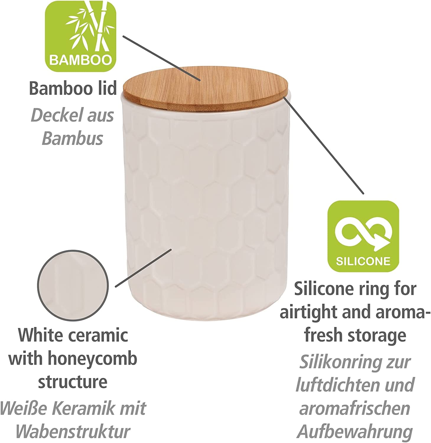 Aufbewahrungsdose Maya aus hochwertiger weißer Keramik mit Wabenstruktur, spülmaschinengeeignete Dose mit luftdicht verschließbarem Deckel aus Bambus, FSC® zertifiziert, 1,3 L, Ø 13 x 17 cm